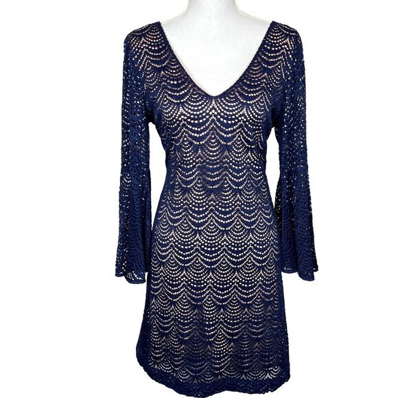 LILLY PULITZER Nicoline Scallop Shell Lace Overlay Mini Dress Navy Sz L EUC - Picture 1 of 7